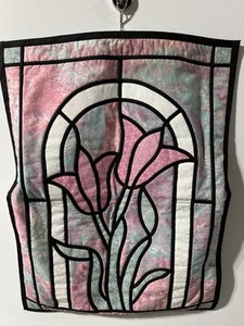 Quilted Stained Glass Window With Tulips Wall Hanging Art Pinks And Gray - Picture 1 of 5