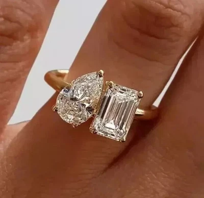 Pear & Emerald Cut Lab Created Diamond Toi Et Moi Ring 14k Yellow Gold Plated - Image 1 of 4