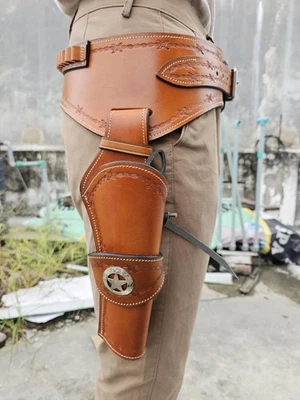 Western Leather Gun Belt Holster Hand Tooled Buff Leather .22 .38/357 .44/45 Cal - Image 1 of 4