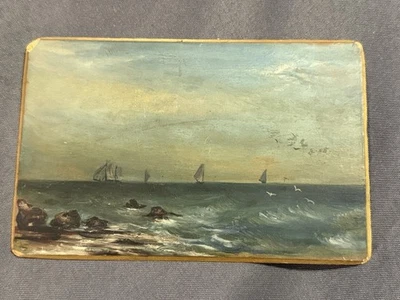 Antique Nautical Miniature Oil on Board Seascape Painting w/ Sailboats - Image 1 of 4