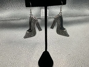 HUGE CHUNKY SILVER TONE CLEAR RHINESTONE HIGH HEEL SHOE DANGLE PIERCED EARRINGS - Picture 1 of 5