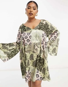 ASOS DESIGN Curve V-neck Kimono Sleeve Mini Smock Dress Paisley Size 18 NWT - Picture 1 of 7