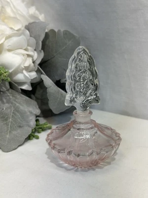 Botella de perfume vintage con tapón de vidrio rosa Starburst melocotón 4,75" de alto tapa transparente Foto 1 de 4