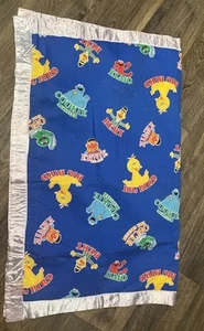 Vtg Sesame Street Blue Blanket Quilted Big Bird Pink Satin Trim 42x32” - Picture 1 of 3