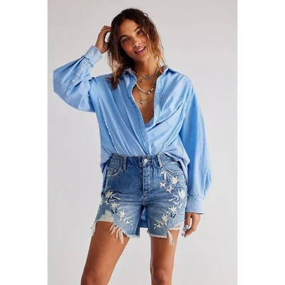 NEW 24 00 Free People "You're My Butterfly" Embroidered Blue Jean Bermuda Shorts - Image 1 of 3