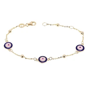 Italian 14k Yellow Gold Enamel Evil Eye Station Bracelet 7" 2.5 grams - Picture 1 of 5