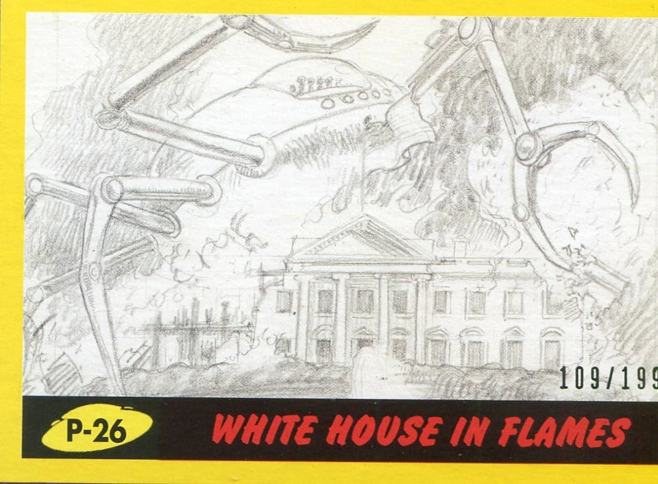 2017 TOPPS MARS ATTACKS YELLOW #/199 THE WHITE HOUSE IN FLAMES #P-26 - Image 1 of 1