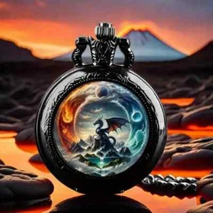 Fantasy Dragon Round Quartz Pocket Watch With Chain, Unique Cosmic Style, Perfec - Picture 1 of 5