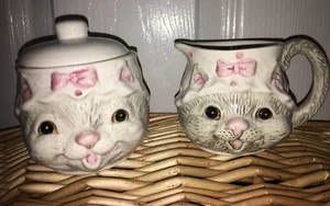 Vintage Creamer And Sugar Set Ceramic Cat Polka Dot Bonnet Kitchen Decor - Picture 1 of 7