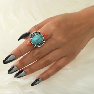 Beautiful Retro Turquoise & Coral Big Tribal Ring - Size 8 