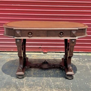 Antique 19th Century Victorian Walnut Leather Library Desk Secretary Side Table - Picture 1 of 10