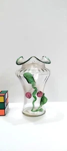 KRALIK Iridescent Art Nouveau Glass vase Applied Cherries and leaves - Picture 1 of 7