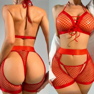 Women's Sexy Lingerie Hollow Out Fishnet Sleepwear Babydoll Bra Sets Nightwear - Picture 1 of 29