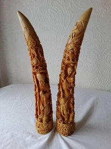 Reproduction Carved Tusk's Oriental Vintage Resin Sculptures - Picture 1 of 4