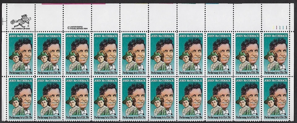 2090 MNH Plate Block of 20, 20-cent stamps honoring John McCormack, Irish Tenor  - Image 1 of 1