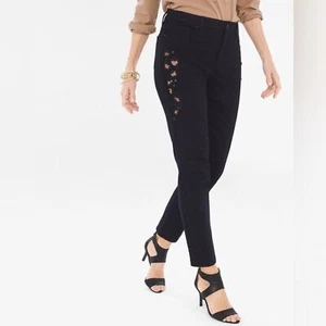 NEW CHICO’S So Slimming BLACK Leopard Embellished Girlfriend Ankle Jeans SZ 10 - Picture 1 of 8