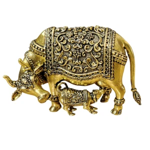 Brass Nandi Cow & Calf Kamdhenu Statue Hindu Religious Shiva Vehicle Home Décor - Picture 1 of 4
