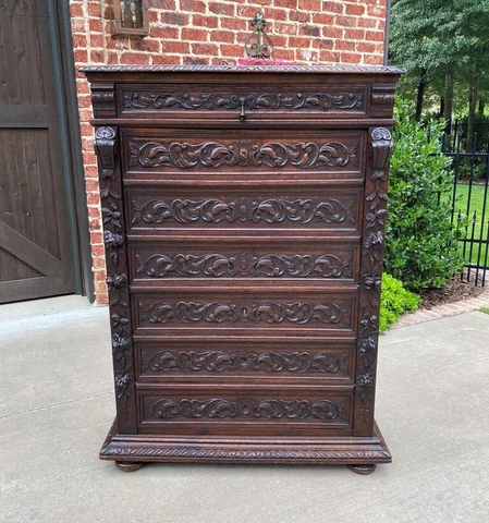 Antique French Abattant Desk Fall Front Secretary Chest Drawers Renaissance Oak Cover