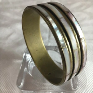 Brass Purple Mother of Pearl MOP Shell Wide Chunky Mosaic Bangle Bracelet Boho - Picture 1 of 10