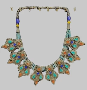 Antique Silver Coral Turquoise Lapis Collar Bib Necklace 4 Oz - Picture 1 of 11