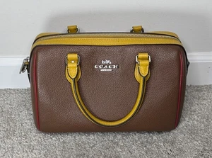 Coach Rowan Colorblock Satchel Bag Saddle Brown w/ Red, Yellow Crossbody Strap - Picture 1 of 8