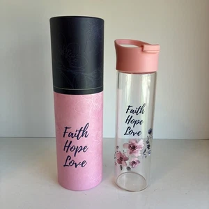 Christian Art Gifts Glass Water Bottle Faith Hope Love Floral 20 Oz With Box - Picture 1 of 10