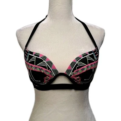 Coco Rave Bikini Top Womens 34 B/C Black Neon Geo Print Halter Padded Underwire - Image 1 of 4