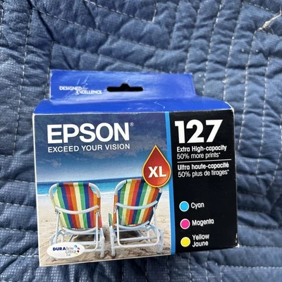 New Epson 127 XL Cyan Magenta Yellow 3-Pack Ink Cartridges T127520 Exp 08/2024 - Image 1 of 4