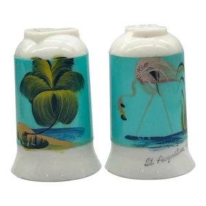 Vtg Souvenir Salt Pepper Shakers Hand Painted Flamingo Palm Tree St Augustine FL - Picture 1 of 9