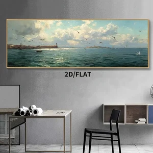 Escena panorámica de playa con cielo azul y olas impresión en lienzo arte de pared decoración del hogar - Imagen 1 de 6