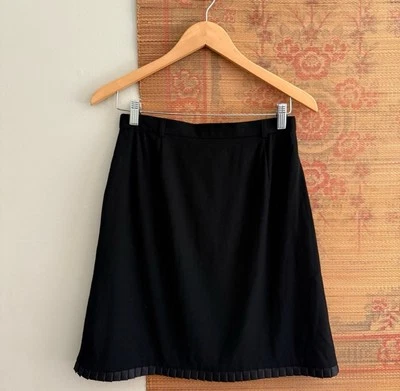 Escada Margaretha Ley Wool Black A-Line Skirt with Pleated Satin Hem Size 8 - Image 1 of 4