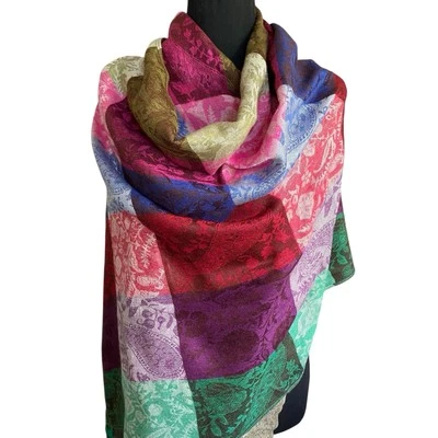 Wrapping Scarf Multicolor Pashmina Silk 72x27" Patchwork Pattern Soft Ethnic - Image 1 of 4