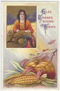 Postal de saludos de Acción de Gracias de 1910 - Hermosa mujer india con pavo, calabaza - Imagen 1 de 2