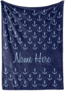 Personalized Nautical Theme Blanket with Name Custom Navy Blue Anchor Blanket - Picture 1 of 2
