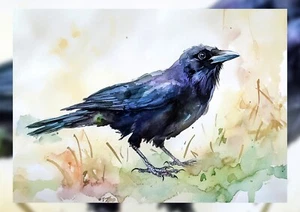 Elegant Black Raven 5"x7" Print on Matte Paper | Atmospheric Watercolor Print - Picture 1 of 17