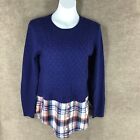 LINDA MATTHEWS Women's Sweater Shirt Small S Woven Top Flannel Bottom Blue