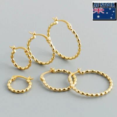 Woman REAL S925 Sterling Silver Oval Bead Huggie Hoop Earring Clip One Pair - Image 1 of 4