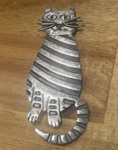 Vintage Silver Overlay Fat Cat Stripped MEXICO Pin Brooch Smiling - Picture 1 of 7