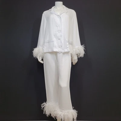 Pijama de dos piezas con ribete de plumas para mujer manga larga blanco talla M Foto 1 de 4