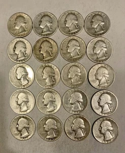 Lot of 20 90% silver 1940's low-grade circulated Washington quarters - Picture 1 of 2
