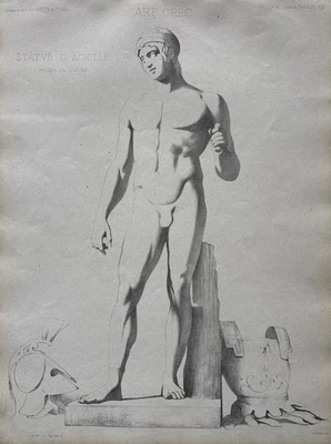 Antigua estatua de Aquiles, Louvre, Chazal desnudo masculino de 1868 grabado arte griego Foto 1 de 4