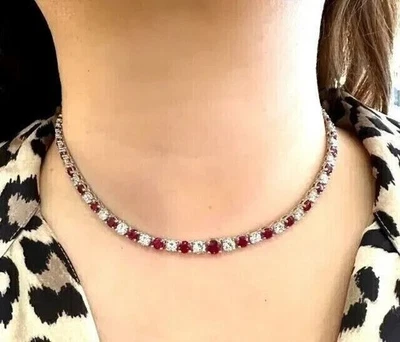 Tennis Necklace 14K White Gold Plated 20Ct Round Cut Lab Created Ruby & Diamond - Image 1 of 4