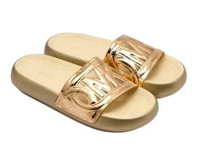 NIB WOMEN'S MICHAEL KORS PALE GOLD SPLASH SLIDE METALLIC CRUSH LEATHER SIZE 9 - Image 1 of 4