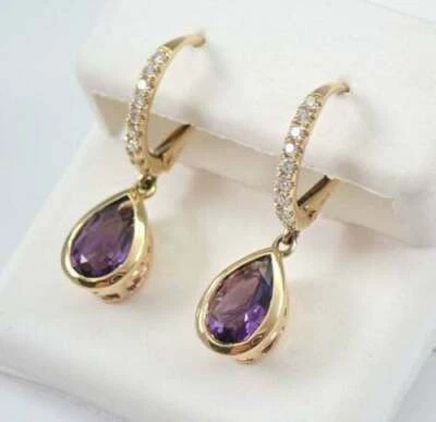 Lab-Created Amethyst 4.10Ct Pear Cut Drop/Dangle Earrings 14K Yellow Gold Plated - Image 1 of 4