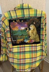 Polo Ralph Lauren Boys Size  8 Plaid Flannel Shirt Customised!!!  Bob Ross Cat - Picture 1 of 8