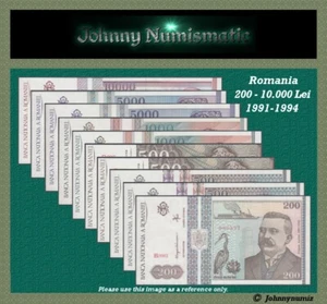 Romania complete set 200-10.000 Lei  UNC 1991-1994 - Picture 1 of 21