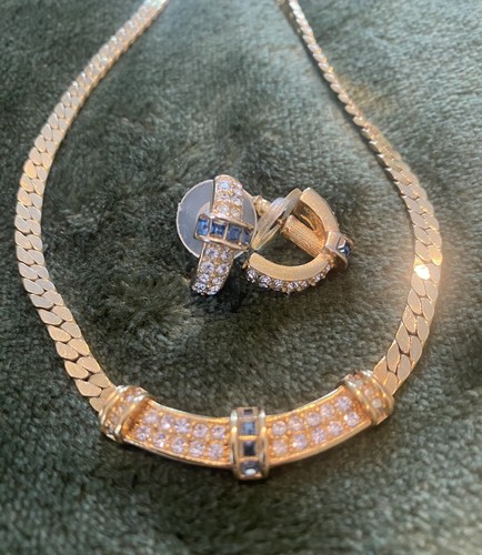 Set collana e orecchini vintage Christian Dior tono oro pietre blu e cristallo