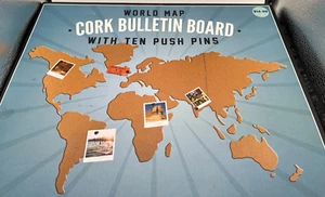 World Map Cork Bulletin Board Note Holder with ten push pins NEW - Picture 1 of 11