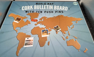 World Map Cork Bulletin Board Note Holder with 10 Push Pins  NEW - Image 1 of 4