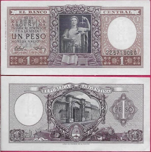 ARGENTINA 1 PESO 1956 AU PREFIX D,EFFIGY OF JUSTICE WITHOUT BLINDFOLD,COMMEMORAT - Picture 1 of 1